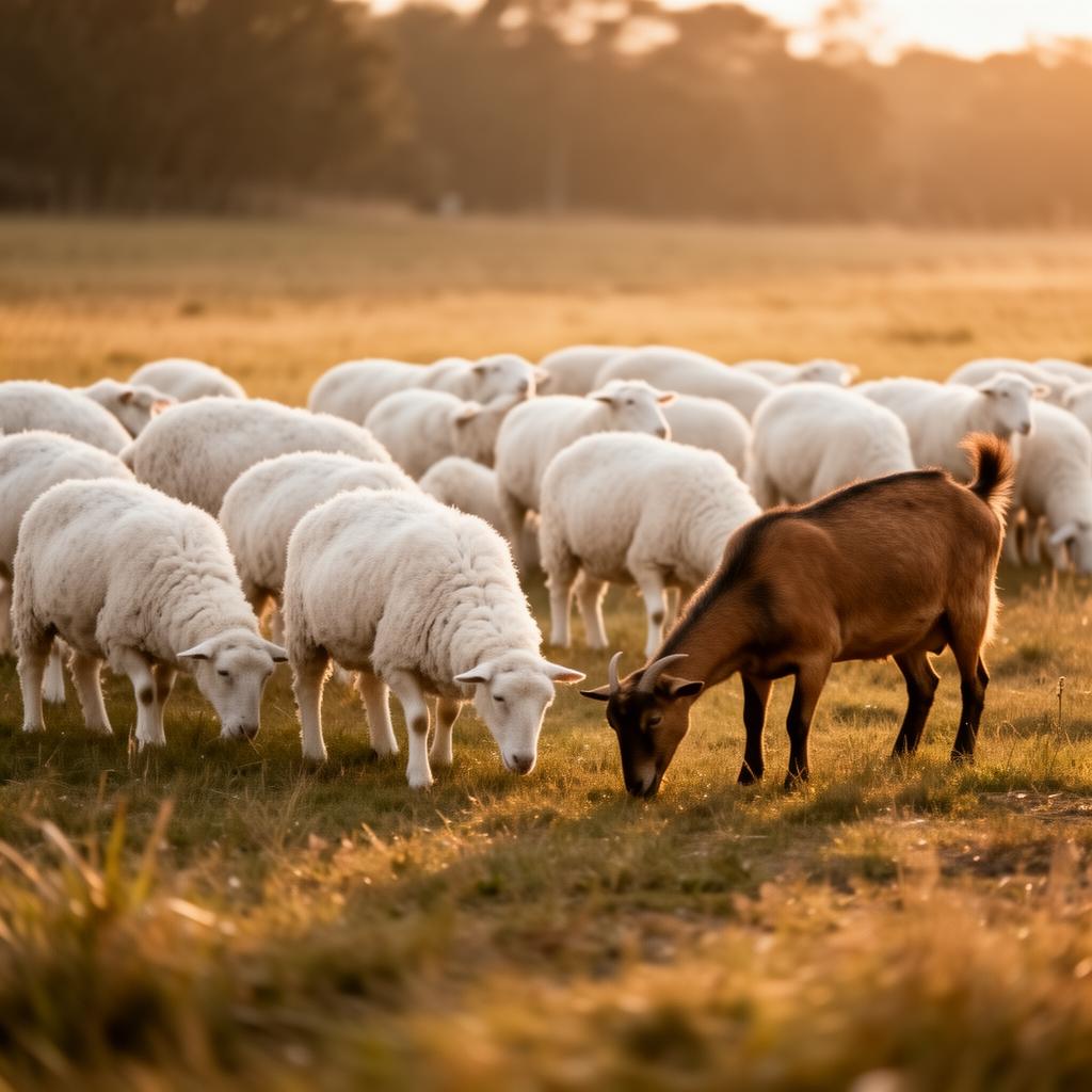 Healthy sheep and a goat grazing in a sunlit pasture