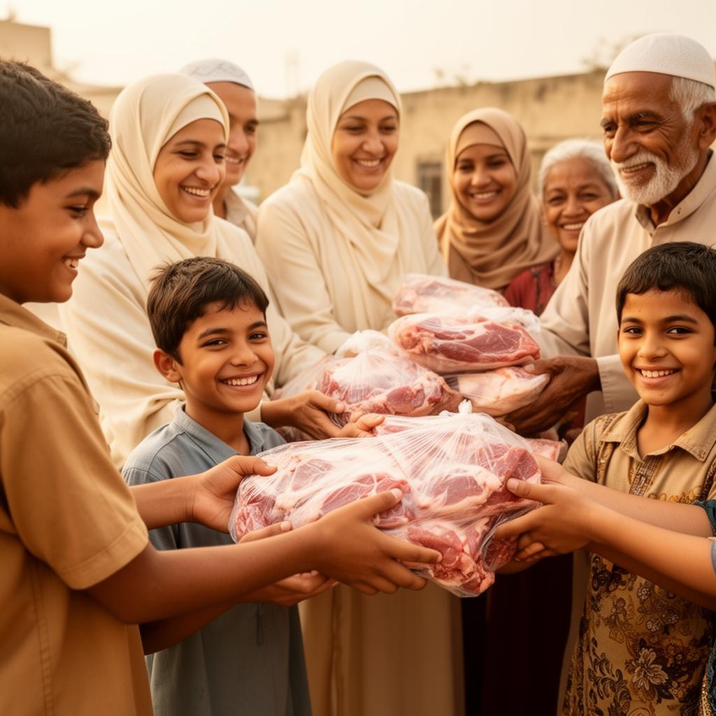Volunteers distributing fresh meat to grateful families